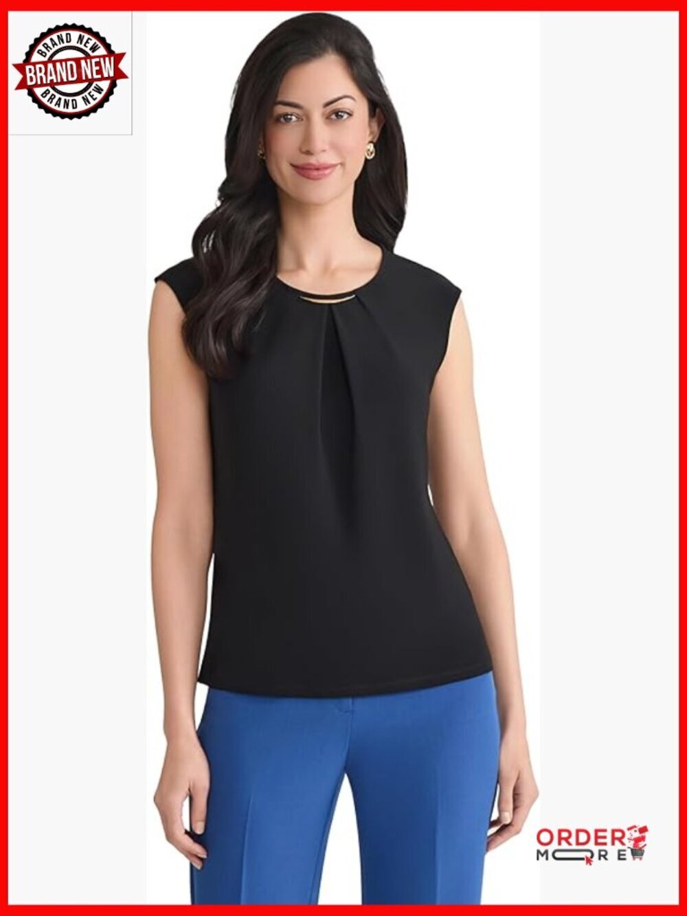 Sleeveless Tunic Top with Pleat Neck and Hardware